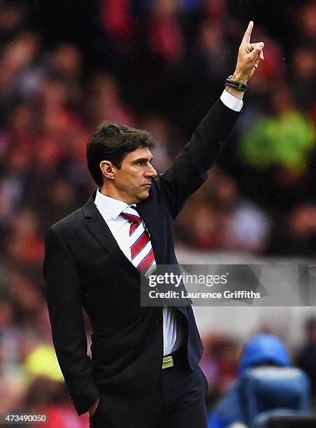 Aitor Karanka manager of Middlesbrough signals during the Sky Bet Championship Playoff semi final second leg match between Middlesbrough and...