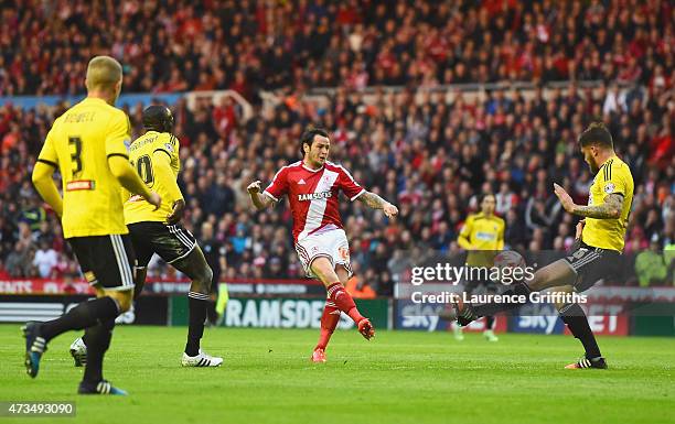 Lee Tomlin of Middlesbrough scores their first goal during the Sky Bet Championship Playoff semi final second leg match between Middlesbrough and...
