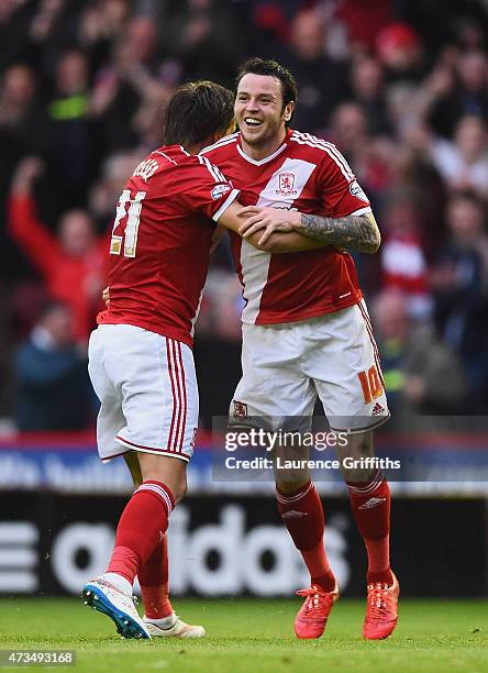 Lee Tomlin of Middlesbrough celebrates with Jelle Vossen as he scores their first goal during the Sky Bet Championship Playoff semi final second leg...