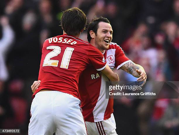 Lee Tomlin of Middlesbrough celebrates with Jelle Vossen as he scores their first goal during the Sky Bet Championship Playoff semi final second leg...