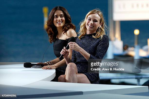 Salma Hayek and Diane Kruger seen appearing on the Le Grand Journal during the 68th Annual Cannes Film Festival on May 15, 2015 in Cannes, France.