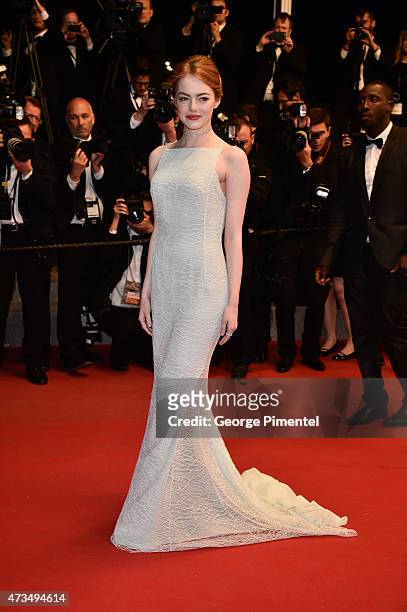 Emma Stone exits the "Irrational Man" Premiere during the 68th annual Cannes Film Festival on May 15, 2015 in Cannes, France.