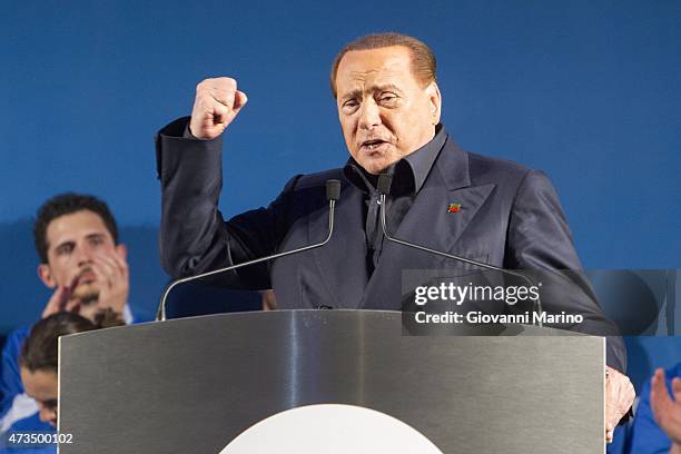 Leader of Forza Italia party Silvio Berlusconi speaks during a meeting as he promotes Adriana Poli Bortone candidate for the next regional elections...