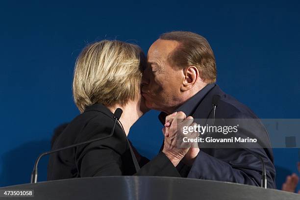 Leader of Forza Italia party Silvio Berlusconi speaks during a meeting as he promotes Adriana Poli Bortone candidate for the next regional elections...