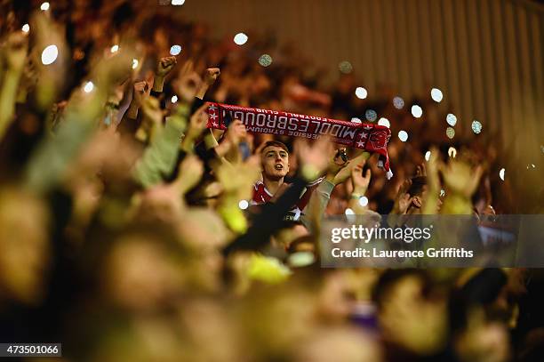 Middlesbrough fans celebrate during the Sky Bet Championship Playoff semi final second leg match between Middlesbrough and Brentford at the Riverside...