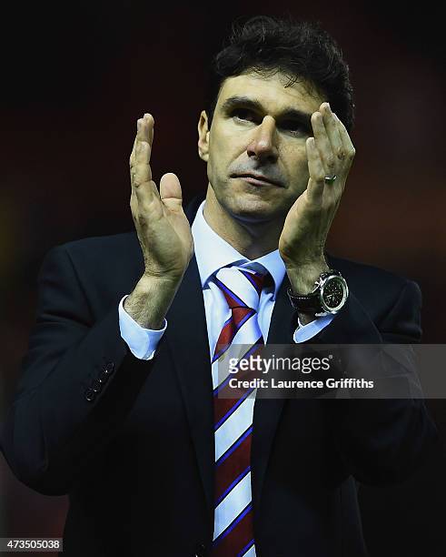 Aitor Karanka manager of Middlesbrough celebrates as they reach the final after the Sky Bet Championship Playoff semi final second leg match between...