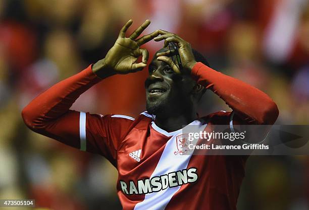 Albert Adomah of Middlesbrough celebrates as they reach the final after the Sky Bet Championship Playoff semi final second leg match between...