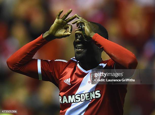 Albert Adomah of Middlesbrough celebrates as they reach the final after the Sky Bet Championship Playoff semi final second leg match between...