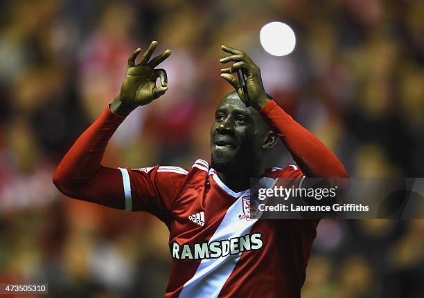 Albert Adomah of Middlesbrough celebrates as they reach the final after the Sky Bet Championship Playoff semi final second leg match between...