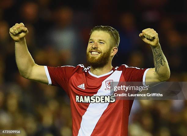 Adam Clayton of Middlesbrough celebrates as they reach the final after the Sky Bet Championship Playoff semi final second leg match between...