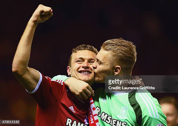 Ben Gibson and Connor Ripley of Middlesbrough celebrate as they reach the final after the Sky Bet Championship Playoff semi final second leg match...