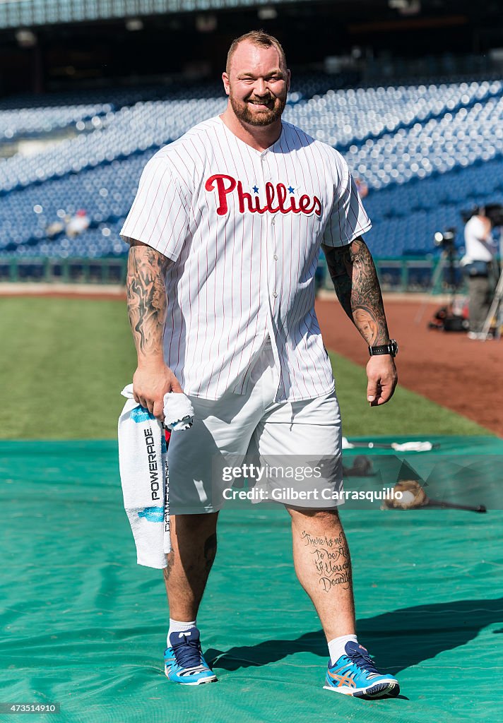 Game of Thrones Actor  Hafpor Julius Bjornsson Participates in Batting Practice Prior to The Phillies-Diamondbacks Game