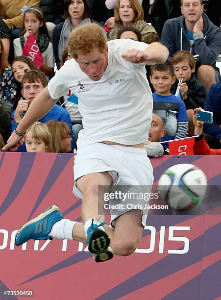 Prince Harry scores the winning goal on the final buzzer as he captains the New Zealand team playing the All Stars in a five a side game of football...