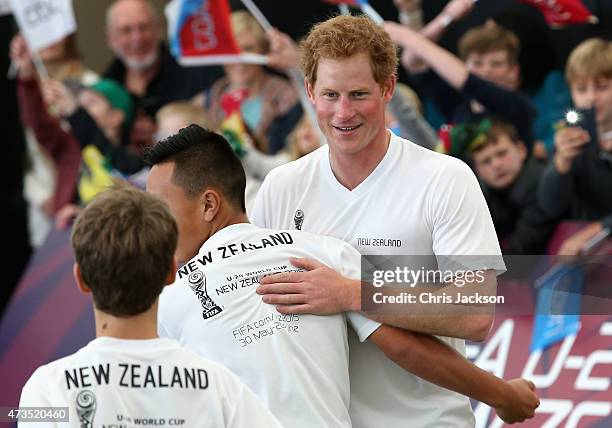 Prince Harry captains the New Zealand team playing the All Stars in a five a side game of football to promote FIFA Under 20 World Cup at the Cloud on...