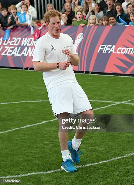 Prince Harry captains the New Zealand team playing the All Stars in a five a side game of football to promote FIFA Under 20 World Cup at the Cloud on...