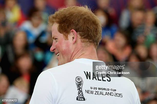 Prince Harry captains the New Zealand team playing the All Stars in a five a side game of football to promote FIFA Under 20 World Cup at the Cloud on...