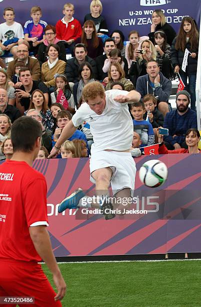 Prince Harry captains the New Zealand team playing the All Stars in a five a side game of football to promote FIFA Under 20 World Cup at the Cloud on...