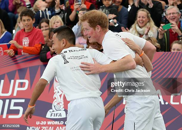 Prince Harry captains the New Zealand team playing the All Stars in a five a side game of football to promote FIFA Under 20 World Cup at the Cloud on...