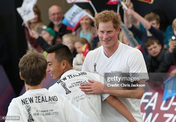 Prince Harry captains the New Zealand team playing the All Stars in a five a side game of football to promote FIFA Under 20 World Cup at the Cloud on...