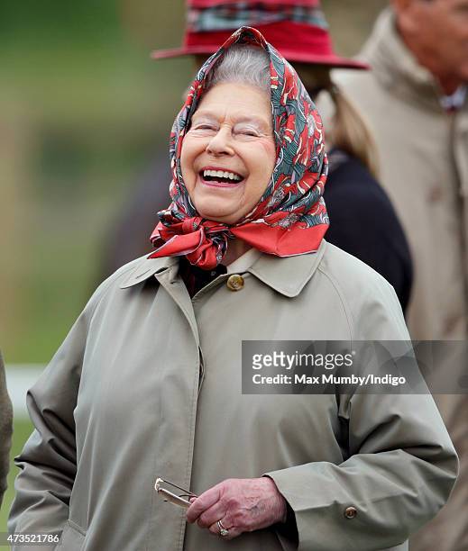 Queen Elizabeth II watches her horse 'Balmoral Fashion' compete in the Fell Class on day 3 of the Royal Windsor Horse Show in Home Park on May 15,...