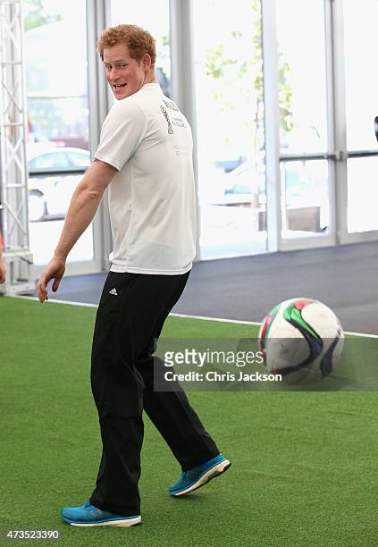 Prince Harry plays 'keep ups' to promote FIFA Under 20 World Cup at the Cloud on May 16, 2015 in Auckland, New Zealand. Prince Harry is in New...