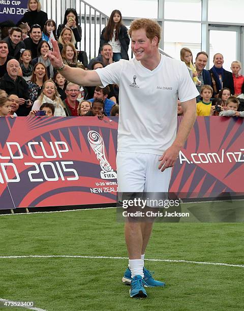 Prince Harry captains the New Zealand team playing the All Stars in a five a side game of football to promote FIFA Under 20 World Cup at the Cloud on...