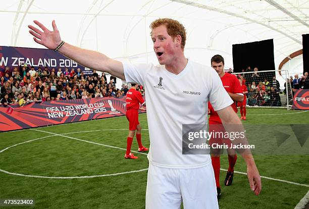 Prince Harry captains the New Zealand team playing the All Stars in a five a side game of football to promote FIFA Under 20 World Cup at the Cloud on...