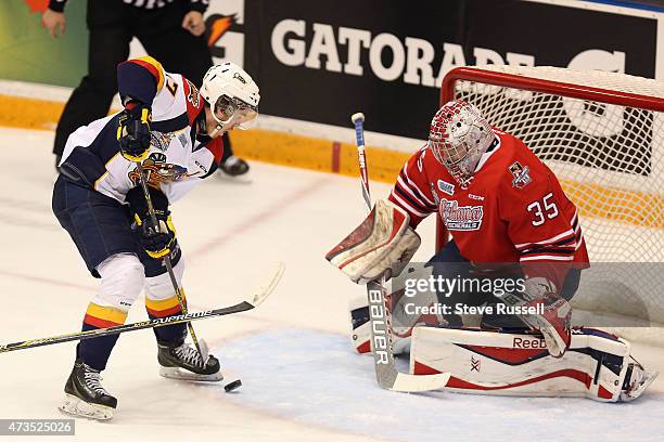 Connor McDavid loses control of the puck in front of Kenny Appleby as the Oshawa Generals play the Erie Otters in what may be Connor McDavid's, the...