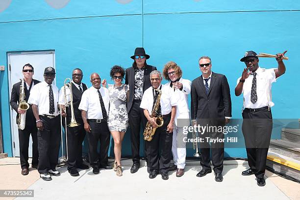 Win Butler, Regine Chassagne, and Preservation Hall Jazz Band pose at the 2015 Hangout Music Festival on May 15, 2015 in Gulf Shores, Alabama.