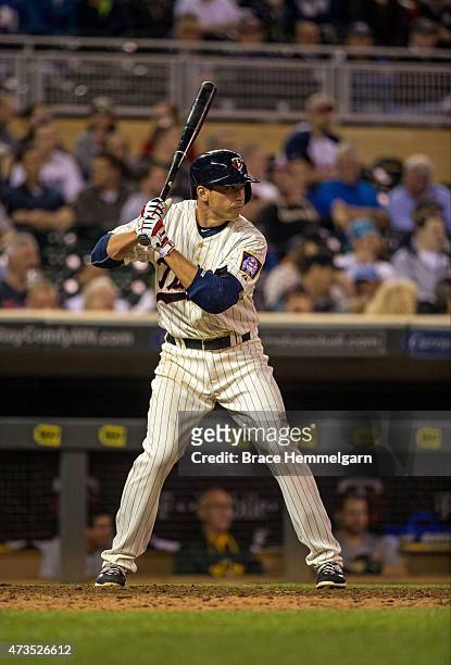Doug Bernier of the Minnesota Twins bats against the Oakland Athletics on May 6, 2015 at Target Field in Minneapolis, Minnesota. The Twins defeated...