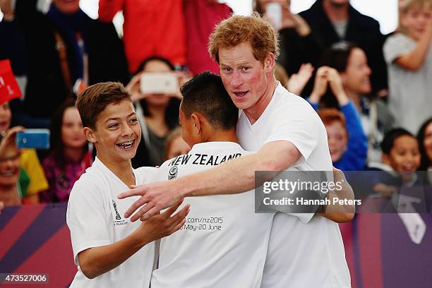 Prince Harry celebrates after scoring the winning goal on the final buzzer as he captains the New Zealand team playing the All Stars in a five a side...