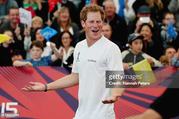 Prince Harry complains to the referee as he captains the New Zealand team playing the All Stars in a five a side game of football to promote FIFA...