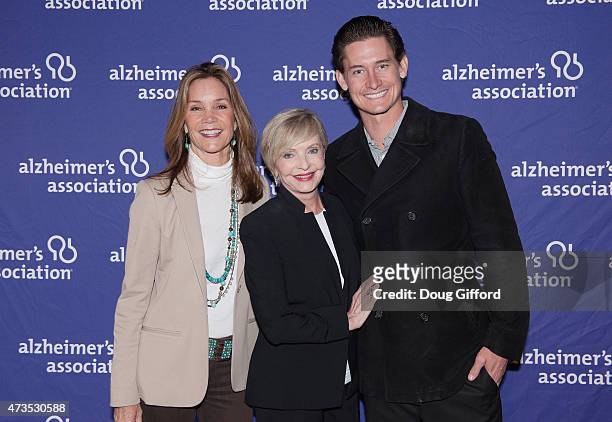 Rancho Las Lomas owner Jeannie Lawrence, Actress Florence Henderson and Brett Lawrence pose before attending the Alzheimer's Association, Orange...