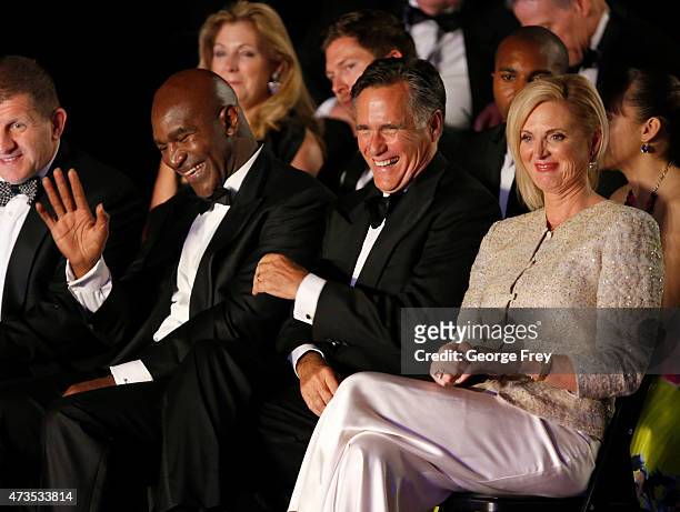 Evander Holyfield , Mitt Romney, and his wife Ann Romney, joke around before Romney's and Holyfield's charity boxing event on May 15, 2015 in Salt...
