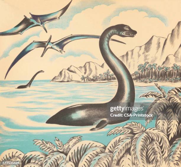 brontosaurus and pterodactyl - brontosaurus stock illustrations