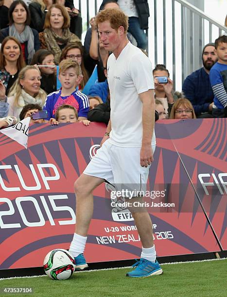 Prince Harry captains the New Zealand team playing the All Stars in a five a side game of football to promote FIFA Under 20 World Cup at the Cloud on...