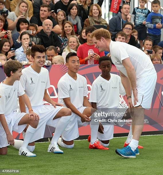 Prince Harry captains the New Zealand team playing the All Stars in a five a side game of football to promote FIFA Under 20 World Cup at the Cloud on...