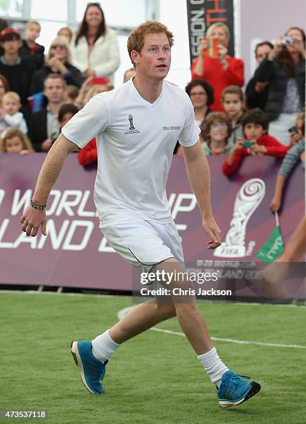 Prince Harry captains the New Zealand team playing the All Stars in a five a side game of football to promote FIFA Under 20 World Cup at the Cloud on...