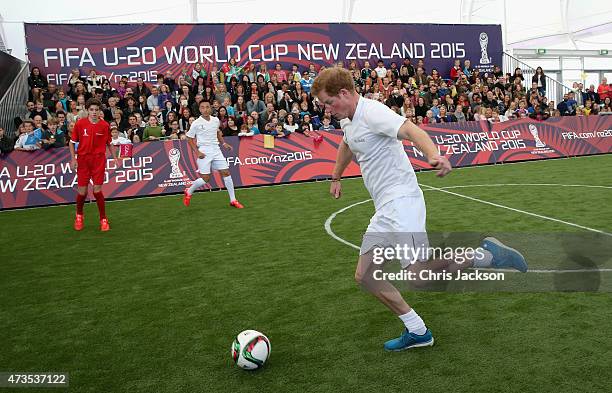 Prince Harry captains the New Zealand team playing the All Stars in a five a side game of football to promote FIFA Under 20 World Cup at the Cloud on...