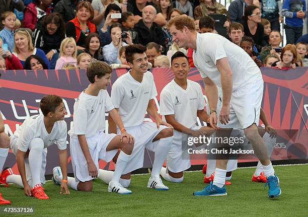 Prince Harry captains the New Zealand team playing the All Stars in a five a side game of football to promote FIFA Under 20 World Cup at the Cloud on...