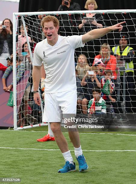 Prince Harry captains the New Zealand team playing the All Stars in a five a side game of football to promote FIFA Under 20 World Cup at the Cloud on...