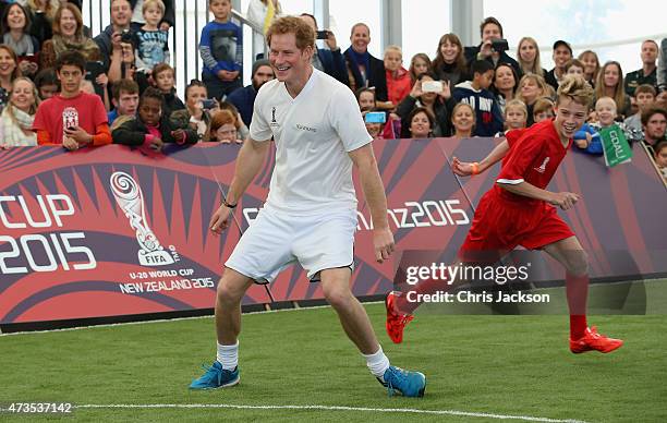 Prince Harry captains the New Zealand team playing the All Stars in a five a side game of football to promote FIFA Under 20 World Cup at the Cloud on...