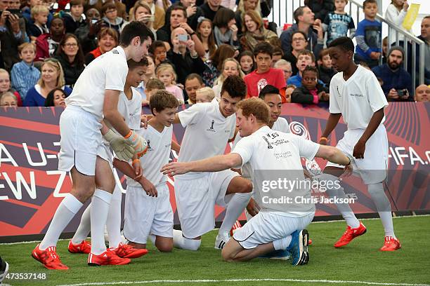 Prince Harry captains the New Zealand team playing the All Stars in a five a side game of football to promote FIFA Under 20 World Cup at the Cloud on...