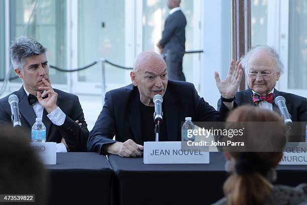 Alejandro Aravena, Jean Nouvel and Glenn Murcutt speak during Pritzker Architecture Prize 2015 at New World Symphony on May 15, 2015 in Miami Beach,...