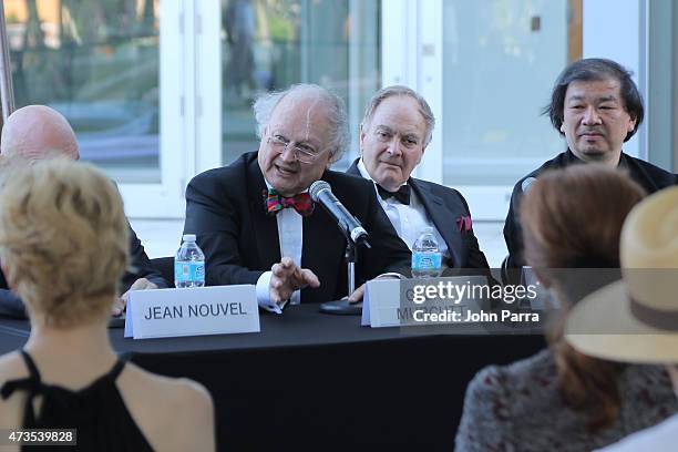 Glenn Murcutt, Lord Peter Palumbo and Shigeru Ban speak during Pritzker Architecture Prize 2015 at New World Symphony on May 15, 2015 in Miami Beach,...