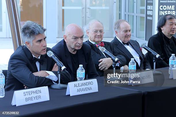 Alejandro Aravena, Jean Nouvel, Glenn Murcutt and Lord Peter Palumbo during Pritzker Architecture Prize 2015 at New World Symphony on May 15, 2015 in...