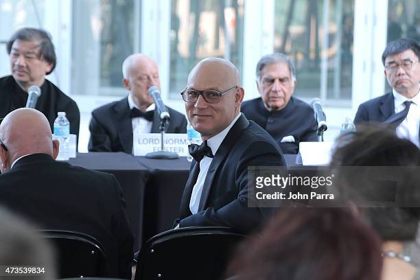Shigeru Ban, Lord Norman Foster, Craig Robins, Ratan Tata and Yung Ho Chang during Pritzker Architecture Prize 2015 at New World Symphony on May 15,...