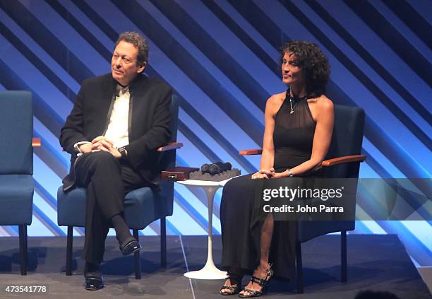 Tom Pritzker and Frei Otto's daughter Christine Kanstinger onstage during Pritzker Architecture Prize 2015 at New World Symphony on May 15, 2015 in...