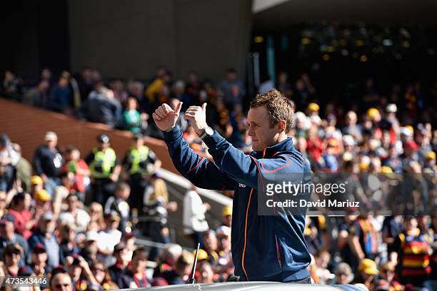 Brent Reilly farewells the crowd during the round seven AFL match between the Adelaide Crows and the St Kilda Saints at Adelaide Oval on May 16, 2015...