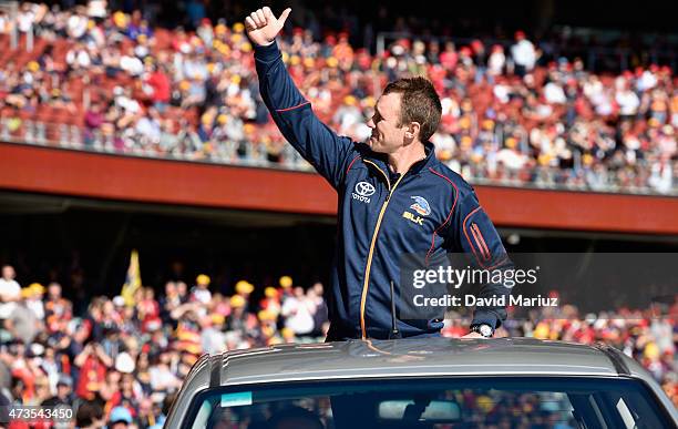 Brent Reilly farewells the crowd during the round seven AFL match between the Adelaide Crows and the St Kilda Saints at Adelaide Oval on May 16, 2015...